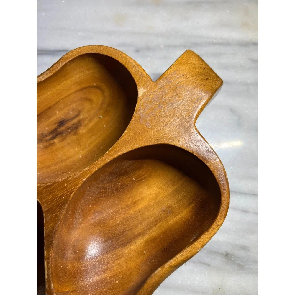 Vintage Hand Carved Wooden Leaf Serving Tray Divided 3 Section Nut Dish Brown